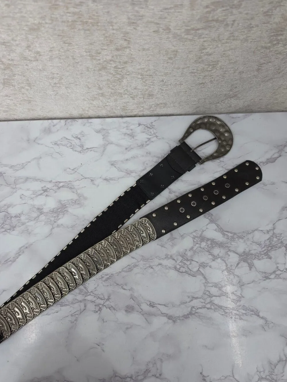 Black Stretch Belt Fishscale Oversized Hammered Metal Style Buckle Studded